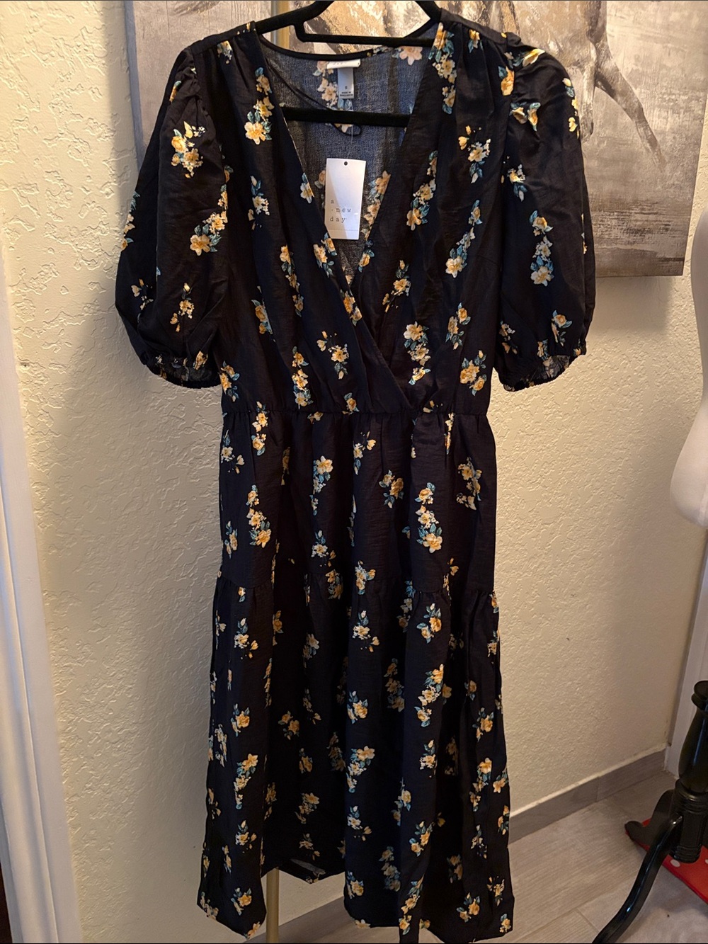 Black Floral Puff-Sleeve Wrap Midi Dress - Yellow & Blue Flowers